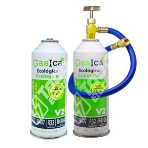 Pack 2 Bouteilles Gasica V2 Gaz Réfrigérant Bio Bio Substitut R22, R407, R32, R410A et R290 Plus Tuyau avec clé pour recharge Climatisation (Todoelectrico, neuf)