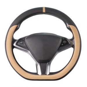 COFIT Couvre Volant D-Shape pour Voiture 37-38 cm, Housse Cuir Microfibre Antidérapante, Protege Volant Plat Bas, Protection Sport Élégante Intérieur Auto, Noir et Beige (FITAM, neuf)