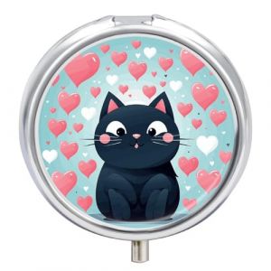Pilulier rond en forme de c&oelig;ur mignon avec chat - 3 compartiments - Organiseur de pilules pour sac &agrave; main et poche - Pilulier de voyage portable pour m&eacute;dicaments, vitamines, foie de morue, huile de (FANASHM, neuf)