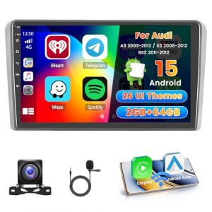Hikity 2+64G Autoradio Android pour Audi A3 8P 2003-2012/S3 2006-2012/RS3 2011-2012 avec CarPlay sans Fil Android Auto, 9 Pouces Écran 2 DIN Radio Wi-FI GPS Bluetooth EQ FM/RDS SWC Caméra de Recul (wenheyou, neuf)