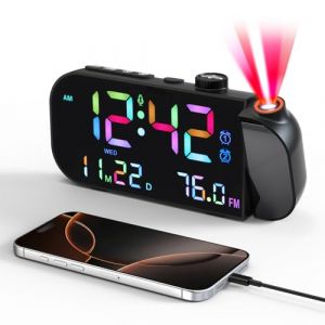 Yaskyly Reveil Projecteur avec Radio Horloge Num&eacute;rique Radio Reveil Projecteur avec FM Num&eacute;rique, Double Alarme et &Eacute;cran LED de 8, Snooze, 4 Niveaux de Luminosit&eacute;, 12/24h pour Maison Bureau (Noir) (Yaskyly, neuf)