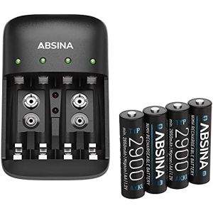 ABSINA Chargeur de Piles Rechargeables AA AAA & 9V + 4X AA 2900 Pile - Chargeur de Pile NiMH avec 4 emplacements - Chargeur Piles Rechargeable pour AAA, AA & 9V - Chargeur Pile, Chargeurs de Piles (ABSINA GmbH, neuf)