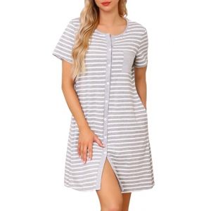 Lovasy Chemise de Nuit Femme Coton Chemise de Nuit Manches Courtes &agrave; Rayure Robe De Nuit Boutonn&eacute;e Devant Tee Shirt de Nuit Femme Grande Taille avec Poches Lat&eacute;rales A Gris S (Lovasy Direct, neuf)