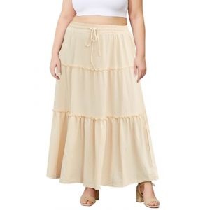 Moon Wood Jupe Longue Femme Ete Fluide Grande Taille Boheme Maxi Jupe Evasee ElastiqueTaille Haute A-Ligne Pliss&eacute;e Skirt &agrave; Volant avec Poches Amande 3XL (Moon Wood France, neuf)