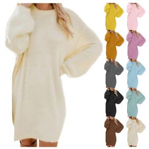 Robe Pull Femme Chic D&eacute;contract&eacute;s L&eacute;ger Mini Robe Tunique &agrave; Manche Longue Col Rond Chic et &Eacute;l&eacute;gant Couleur Unie Robe Femme Ado Fille Hiver Chaud Cadeau Femme,Beige,XL,F07R (Routefuture, neuf)