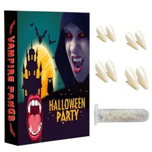 Canines de Dents de Vampire,5 Pi&egrave;ces Kit de Crocs de Vampire,vampire fangs,Avec 1 tube de billes adh&eacute;sives 4 tailles sur mesure faux dentier,pour le cosplay de la f&ecirc;te d'Halloween P&acirc;ques fausse dent (Xinfuquan, neuf)