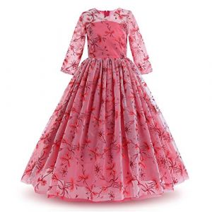 IWEMEK Fleur Filles 3/4 Manches Brod&eacute; Floral Tulle Maxi Longue Princesse Robe de Mariage Honneur Premi&egrave;re Communion Robe de Soir&eacute;e Anniversaire F&ecirc;te Robe de Bal Habill&eacute;e Enfants Vin Rouge 5-6 Ans (IWEMEK, neuf)