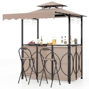 COSTWAY Tonnelle de Barbecue 3 Pcs Ext&eacute;rieur avec 2 Chaises Pliables Auvent, Ensemble de Bar de Jardin &agrave; Double Toit avec Table de Bar &Eacute;tag&egrave;res de Rangement en M&eacute;tal, pour Jardin Cour (Marron) (FDS GmbH, neuf)