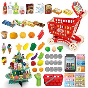 RedCrab Chariot de Supermarché pour Enfants avec Caisse Enregistreuse et Étagère pour Sapin de Noël, 84pcs Kit Jeu de Cuisine Jouet de Magasin, Jeu de Rôle à Partir de 3 Ans(Rouge) (RedCrab -EU, neuf)