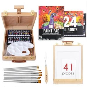 Chevalet Peinture et Peinture à l’Huile - Kit Peinture 41 Pièces : 24 tubes de peinture 3 toiles peinture 1 Bloc Papier 10 Pinceaux 1 Couteau 1 Palette 1 Chevalet de table pliable Zenacolor (BMS France, neuf)