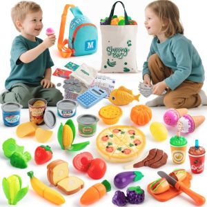 EFO SHM Accessoires Cuisine Enfant, Marchande Enfants Inclus Aliments Fruit et Légumes Jeux Faux Billets, Euros, Dinette Enfant pour Jeu de Rôle Éducatif Adapté aux Garçons et aux Filles de 3+ Ans (Sundaymot, neuf)