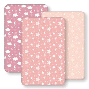 FIEMOL Drap Housse Cododo 50x83 cm, Lot de 3 Microfibre Ultra Douce et Lisse &Eacute;lastique sur Tout Le Tour - pour Matelas de Lit Berceau de 50x80 cm &agrave; 55x90 cm, &Eacute;toiles Roses (FUJU-EU, neuf)