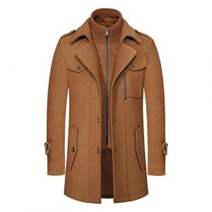 Manteau long 3/4 en laine pour homme - Coupe ajust&eacute;e - Col &agrave; revers - Manteau long en laine avec simple boutonnage - Pour l'hiver - D&eacute;contract&eacute; - Double col, 0B-kaki, XXL (OWENMDD, neuf)