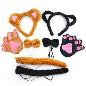TSHAOUN 2 Ensembles Chat D&eacute;guisement Animal Chat Cosplay Set en Peluche Avec Oreilles Queue et Noeud Papillon Griffe Gants pour le d&eacute;guisement d'Halloween le jeu de r&ocirc;le animalier (Ours) (beifengdianziEU, neuf)