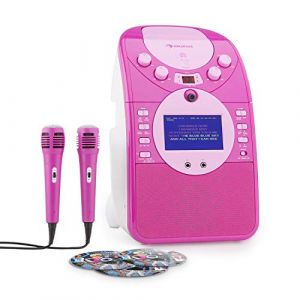 AUNA ScreenStar - Chaîne karaoké, Ecran TFT Couleur 9 cm, Lecteur CD, 3 CD Inclus, Caméra Frontale réglable, Port USB, Deux Microphones dynamiques filaires, Lecture programmable - Rose (Electronic-Star-FR, neuf)