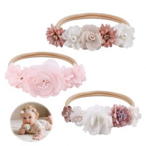 3 Pi&egrave;ces B&eacute;b&eacute; Fille Bandeaux, Fleur &Eacute;lastique Serre T&ecirc;te pour B&eacute;b&eacute;, Nylon Bandeau Cheveux Fille Bandeau Bebe Fille 0-3 Mois pour Nourrissons Cadeau Photo V&ecirc;tements de Tous les Jours Photographie (Zhixuxuekeji, neuf)