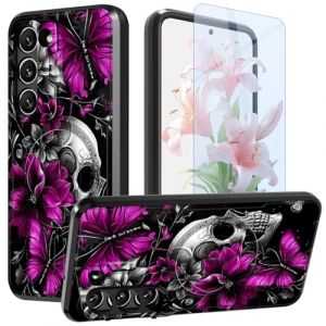 Coque pour Samsung Galaxy S21 FE 5G 6,4" avec protecteur d'&eacute;cran et coque d'appareil photo, b&eacute;quille double couche hybride antichoc pour Samsung S21 FE 5G 2022, t&ecirc;te de mort et papillon violet (GFRGTFHYT, neuf)