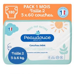 PEAUDOUCE - 180 Couches Bébé Taille 2 (3-6kg) - Pack 1 Mois : 3 Sacs x 60 - Ecologiques, Naturelles et Saines - Fabriquées en France - Protection Anti-Fuites Jusqu'à 12 h - Non Blanchie Au Chlore (Peaudouce, neuf)