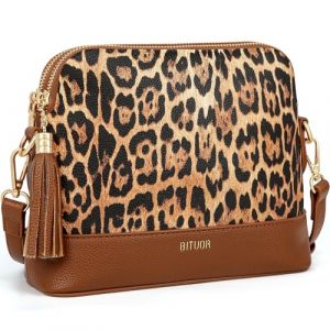 BITUOR Sac à main pour femme en cuir PU avec pompon Motif léopard Noir/beige 23 x 18 x 8 cm, Léopard marron. (Guangzhoushitaichenmaoyiyouxiangongsi, neuf)