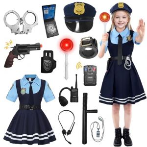BOYIFEIJIE Deguisement Policier Enfant Fille, Costume Policier Enfant avec Robe Police Ceinturon Casquette Police Lunettes Walkie Talkie pour Cosplay Flic pour Halloween Carnaval (Baiyirich, neuf)