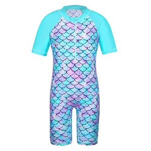 HUAANIUE Filles Maillot de Bain 1 Pièce 2-12 Ans, Anti-UV UPF 50+ Manches Courtes, Fermeture Éclair Frontale, Imprimés Colorés, Idéal pour Plage et Piscine (S253-Écailles Cyan, 11-12 Ans) (HUANQIU EUR STORE, neuf)