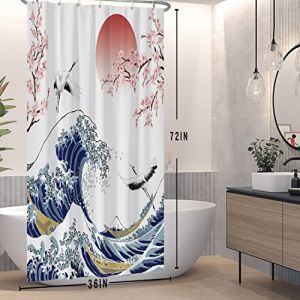 SDOTPMT 90x180cm Rideau de Douche big Wave Rideau de Douche à l'encre Sakura Asiatique Oiseau oie de Montagne Peinture de l'eau Rideau de Douche Salle de Bains (SDOTPMT, neuf)