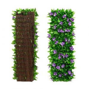 Panneau de treillis de jardin extensible de 40 x 20 cm, treillis extensible avec feuilles artificielles, clôture de jardin extensible avec lierre artificiel et fleurs violettes, décoration de feuilles (YONGZHIXIN002, neuf)