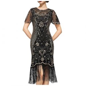 Robe ann&eacute;es 20 pour femme Gatsby 1920 - robes pour femmes vertes et noires - robe &agrave; franges pour femmes - robe de danse Flapper - robe courte Charleston - costume de carnaval - robe &agrave; paillettes en (EIBEE, neuf)