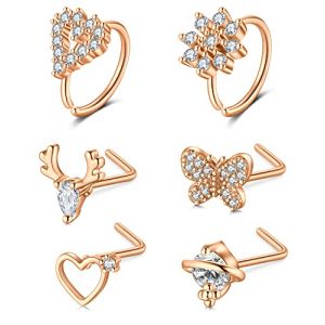 Mayhoop Anneaux de Nez Clous de Nez 20G Acier Chirurgical avec Coeur Fleur Papillon Ramure CZ Piercing pour le Nez 6Pi&egrave;ces pour Femmes Hommes Or Rose (Mayhoop, neuf)