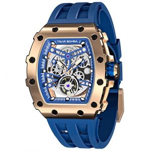 TSAR BOMBA Montre Homme Automatique Squelette M&eacute;canisme Apparent pour Homme Montre de Luxe Tonneau Saphir Etanche 50M R&eacute;sistant Marque Rectangulaire Plongee Sport Militaire Cadeau Homme (TSAR BOMBA OFFICIAL STORE, neuf)