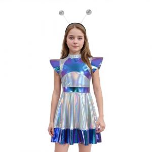 D&eacute;guisement Astronaute Enfant Fille Robe Astronaute Espace Costume Brillant M&eacute;tallique RobeAstronaute Espace et Serre-t&ecirc;te Extraterrestre D&eacute;guisement AstronautesEspace Carnaval #0119A (binglinggy, neuf)