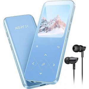 AGPTEK 32Go MP3 Bluetooth 5.3 avec Haut-Parleur, 2.4" Grand &Eacute;cran Lecteur Musical en M&eacute;tal Son sans Perte avec Bouton Tactile/Radio FM/Enregistreur Line-in, Baladeur Sport Support Carte 128G-Bleu (Dreameater, neuf)