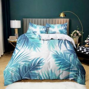 Bleu Et Turquoise Housse de Couette 140x200 Feuilles de Palmiers tropicaux Parure de Lit 1 Personne, 3D Imprimé Enfants en Microfibre Douce Respirante Housse Couette avec 2 Taies d'oreiller 65x65 cm (SweetHomeStar Shop, neuf)