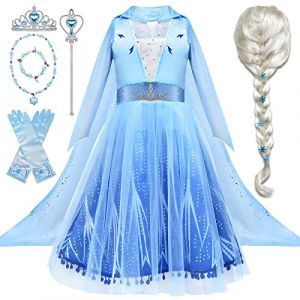 Tacobear Deguisement Reine Des Neiges Fille avec Elsa Perruque Couronner Baguette Magique Collier Bracelet Robe Reine Des Neiges Princesse Elsa Costume pour Fille Carnaval D&eacute;guisement 2-10 Ans (Tacobear EU, neuf)