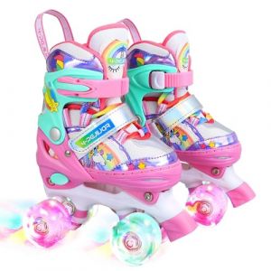 Patins à roulettes Licorne Enfants Rollers Quad Réglable Patins à roulettes Lumineux Taille Réglable pour Filles Garçons Débutants XS(26~29) (4-Pejiijar, neuf)
