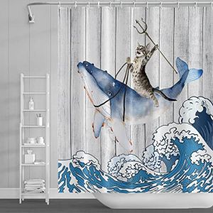 SDOTPMT 175x190cm Dr&ocirc;le Chat Baleine Rideau de Douche Ancien Bois Sol Japonais Mer Oc&eacute;an Vague Rideau de Bain Mignonne Dessin anim&eacute; Rideau de Baignoire &Eacute;tanche pour Salle de Bain avec Crochets (SDOTPMT, neuf)