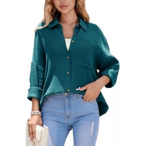Stamain Chemise Coton Femme Manches Longues Oversize Chemisier Femme Chic et Élégant Grande Taille Ete Chemise Double Gaze avec Poche Col Boutonné de Plage Turquoise M (ELOOKEUR, neuf)