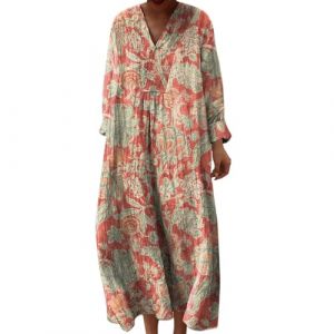 Robe Ete Femme Mi Longue Fluide Coton Chemise Robes Manches Longues Ample Casuel A-Line Imprim&eacute; Fleur Robes Col V Ronde Boh&egrave;me Robe De Soiree Femme Vintage Dress pour F&ecirc;te Travail (Anglekie, neuf)