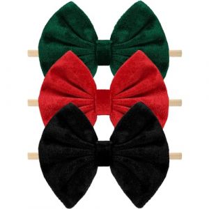 NCMAMA Lot de 3 bandeaux en velours pour b&eacute;b&eacute; fille, n&oelig;uds noirs, &eacute;lastiques en nylon pour nourrissons, tout-petits, accessoires pour cheveux, noir + rouge + vert (嘉姚商贸部, neuf)