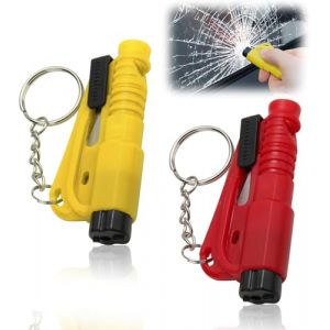 Lot de 2 Porte-Clés Sécurité Voiture, 3 En 1 Marteau de Sécurité - Brise Vitre Coupe Ceinture Sifflet De Survie, Brise Vitre Voiture Mini Marteau Brise Vitre Kit pour Voiture Outil D'Évasion D'urgence (YingTuMaJu, neuf)