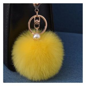 Wisafory Porte-clés pompon avec perle dorée en fourrure synthétique moelleuse - Porte-clés de sac à dos - Accessoires - Porte-clés pour femme - Jaune doré (Qunrong, neuf)