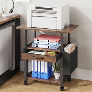 OYRREU Support Imprimante 3 Niveaux Réglable sur roulettes | Meuble pour Imprimante avec Tiroir et Sac Latéral | Étagère Bureau 56x38 cm pour Scanner, Fax, Imprimante 3D | Brun Rustique (EN-HOME, neuf)
