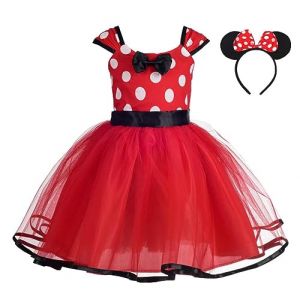 Lito Angels Deguisement Robe Princesse Minnie Enfant Fille, Anniversaire Fete Halloween Carnaval, avec Oreilles de Souris Serre-tete, Taille 7-8 ans, Pois Rouge (étiquette en tissu 160) (Lito Angels FR, neuf)