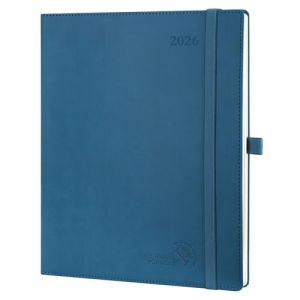 POPRUN Agenda 2026 Semainier 26,5 x 21,5 cm - Couverture Souple en PU Cuir, Vertical Planner, D'Jan 2026 à Déc 2026-12 Mois, Avec signet à 2 rubans, Papier 100 g/m², Bleu nuit (Time Works Wonders, neuf)