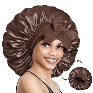 BONNET QUEEN Bonnet Satin Cheveux Nuit pour Dormir, Bonnet en Satin Reversible pour Cheveux Charlotte Locks Bouclés, Ajustable avec Long Elastique pour Femmes et Hommes, Chocolat (Bonnet Queen Beauty, neuf)