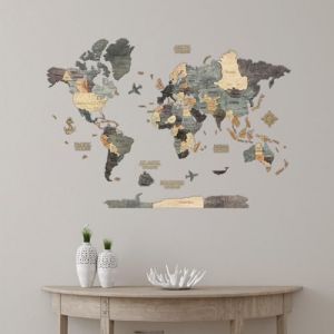 Creatifwood Carte du monde en bois 3D pour d&eacute;coration murale - Mappemonde en Bois - Art mural - Pour salon, bureau ou chambre (Graphite, 100L x 70l cm, Sans cadre) (HARMANDI CreatifWood, neuf)