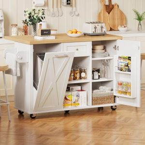 ilot central cuisine avec rangement et armoires à fonction extensible, table à manger avec compartiment poubelle et étagères à collation, Chariot à roulettes Blanc pour cuisine et salle à manger (OOIILLEE, neuf)