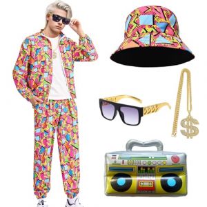 Antsparty Costume Années 80 Survêtement, Survetement Annee 90 Homme, Survêtement Rétro 80 90 Set Rétro Chapeau de Pêcheur, Déguisement Disco Accessoire pour Carnaval, Soirée Deguise (FaceLove, neuf)