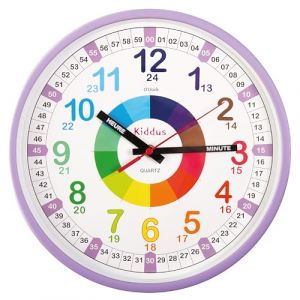 Kiddus Horloge Murale Éducative pour Enfants, Garçon, Fille. Diamètre 30 cm.Time Teacher Analogique avec Exercices. Mécanisme en Quartz Silencieux. XL Pastel Purple FRANÇAIS (Kiddus, neuf)