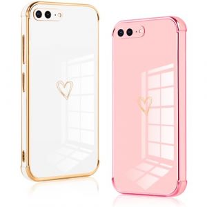 Vauki 2 Pièces Coque pour iPhone 8 Plus/iPhone 7 Plus, Ultra Fine Souple Silicone TPU Antichoc Housse, Étui avec Love Motif Coeur et Bordure Dorée Hommes et Femmes Protection Case, Blanc et Rose (IRONBORN REAL ESTATE, neuf)